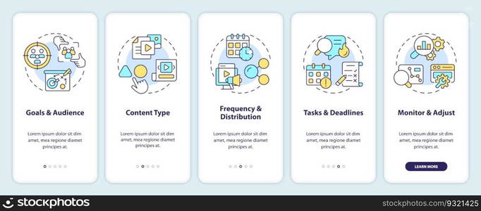 Create editorial calendar onboarding mobile app screen. Content marketing walkthrough 5 steps editable graphic instructions with linear concepts. UI, UX template. Myriad Pro-Bold, Regular fonts used. Create editorial calendar onboarding mobile app screen