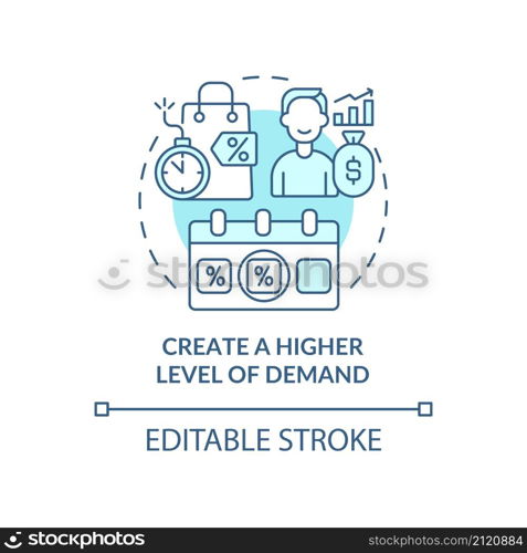 Create higher level of demand turquoise concept icon. New product development abstract idea thin line illustration. Isolated outline drawing. Editable stroke. Roboto-Medium, Myriad Pro-Bold fonts used. Create higher level of demand turquoise concept icon