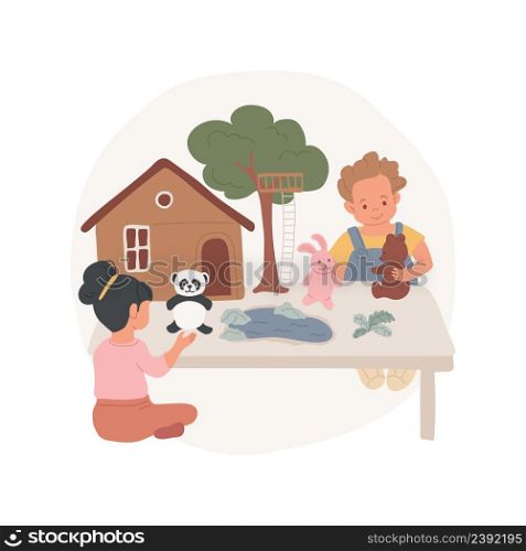 Create homes for toy animal isolated cartoon vector illustration. Child plays with toy animals, building home game, thinking skills, kindergarten creative activity, daycare vector cartoon.. Create homes for toy animal isolated cartoon vector illustration.
