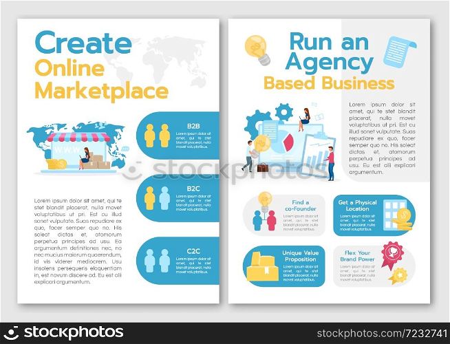 Create online marketplace brochure template. Run agency based business. Flyer, leaflet concept, flat illustrations. Vector page cartoon layout for magazine. advertising invitation with text space. Create online marketplace brochure template