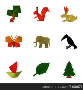 Create origami icons set. Cartoon set of 9 create origami vector icons for web isolated on white background. Create origami icons set, cartoon style