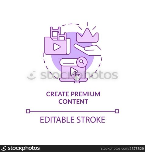 Create premium content purple concept icon. Subscription. Video on demand abstract idea thin line illustration. Isolated outline drawing. Editable stroke. Roboto-Medium, Myriad Pro-Bold fonts used. Create premium content purple concept icon