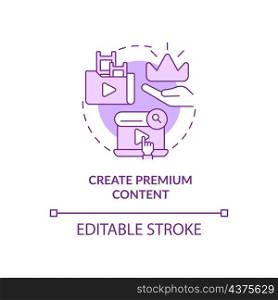 Create premium content purple concept icon. Subscription. Video on demand abstract idea thin line illustration. Isolated outline drawing. Editable stroke. Roboto-Medium, Myriad Pro-Bold fonts used. Create premium content purple concept icon