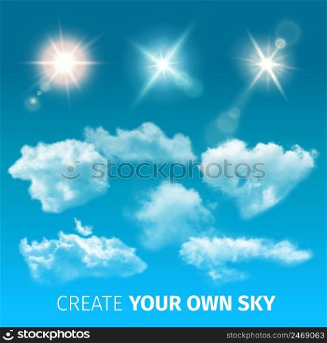 Create sky realistic clouds icon set with isolated and colored clouds and sun rays vector illustration. Create Sky Realistic Clouds Icon Set