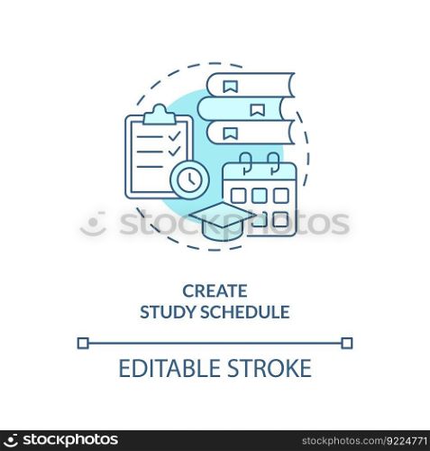 Create study schedule turquoise concept icon. Homeschooling. Academic improvement. Time management. Academic success abstract idea thin line illustration. Isolated outline drawing. Editable stroke. Create study schedule turquoise concept icon