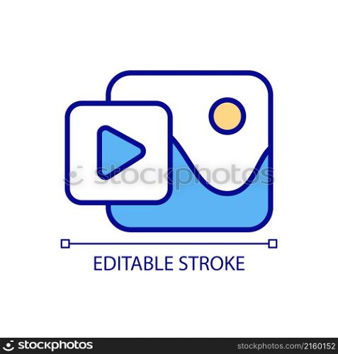 Create video content RGB color icon. Live stream. Social media. Share art online. Clip making. Isolated vector illustration. Simple filled line drawing. Editable stroke. Arial font used. Create video content RGB color icon