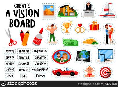 Create vision board set constructor with doodle images of scissors glue and cut out picture elements vector illustration