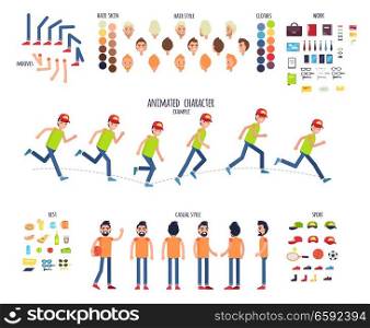 Create your own character colorful vector set in flat design on white. Examples of running boy, man set in casual clothes, skin colors, legs and hands moves, sport equipments, work accessories. Create Your Own Character Colorful Vector Set
