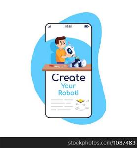 Create your robot social media posts smartphone app screen. Mobile phone displays with cartoon characters design mockup. Assembly instructions for constructor application telephone interface
