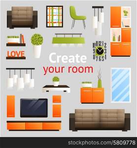 Create your room set with living room furniture objects isolated vector illustration. Furniture Objects Set