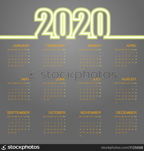 Created 2020 neon text calendar, stock vector
