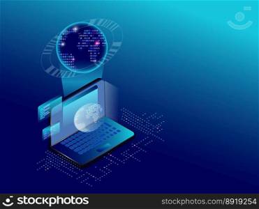 Creating a mobile interface on a laptop screen. Placement of planet earth on display devices. Conceptual banner of web technologies. Creating a mobile interface on a laptop screen. Placement of planet earth on display devices. Conceptual banner of web technologies.