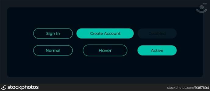 Creating account UI elements kit. Signing in isolated vector components. Flat navigation menus and interface buttons template. Web design widget collection for mobile application with dark theme. Creating account UI elements kit