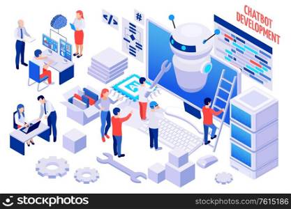 Creating and developing your own chatbot messenger isometric composition with company staff building cyber bot vector illustration