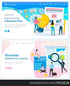 Creating business plan vector, financial statement analysis people working in team. Teamwork to achieve success, goals and targets of company. Website or webpage template, landing page flat style. Financial Statement Analysis, Business Plan Web