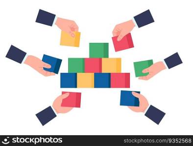 Creating business team. Hands with dice build common pyramid. Partners join cubes. Workers group connect colorful blocks. Collegues arms. Businessmen cooperation. Work collaboration. Vector concept. Creating business team. Hands with dice build common pyramid. Partners join cubes. Workers connect blocks. Collegues arms. Businessmen cooperation. Work collaboration. Vector concept
