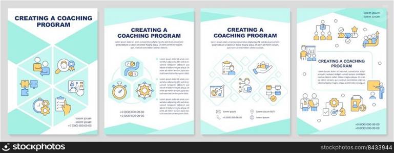 Creating coaching program mint brochure template. Leaflet design with linear icons. Editable 4 vector layouts for presentation, annual reports. Arial-Black, Myriad Pro-Regular fonts used. Creating coaching program mint brochure template