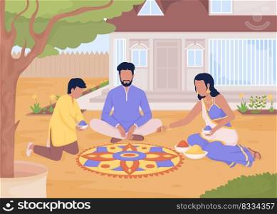 Creating flower rangoli with family flat color vector illustration. Traditional indian custom. Diwali festival preparation. Fully editable 2D simple cartoon characters with house on background. Creating flower rangoli with family flat color vector illustration