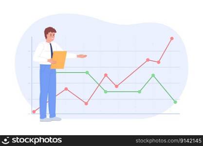 Creating line chart for forecasting business trends flat concept vector spot illustration. Editable 2D cartoon character on white for web design. Predict sales creative idea for website, mobile app. Creating line chart for forecasting business trends flat concept vector spot illustration