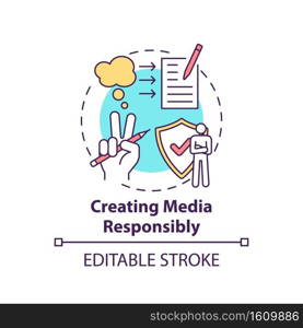 Creating media responsibility concept icon. Accuracy and truth idea thin line illustration. Considering consequences before posting. Vector isolated outline RGB color drawing. Editable stroke. Creating media responsibility concept icon