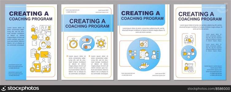 Creating mentoring program blue brochure template. Developing plan. Leaflet design with linear icons. Editable 4 vector layouts for presentation, annual reports. Arial, Myriad Pro-Regular fonts used. Creating mentoring program blue brochure template