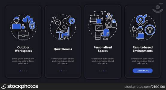 Creating positive work culture night mode onboarding mobile app screen. Walkthrough 4 steps graphic instructions pages with linear concepts. UI, UX, GUI template. Myriad Pro-Bold, Regular fonts used. Creating positive work culture night mode onboarding mobile app screen