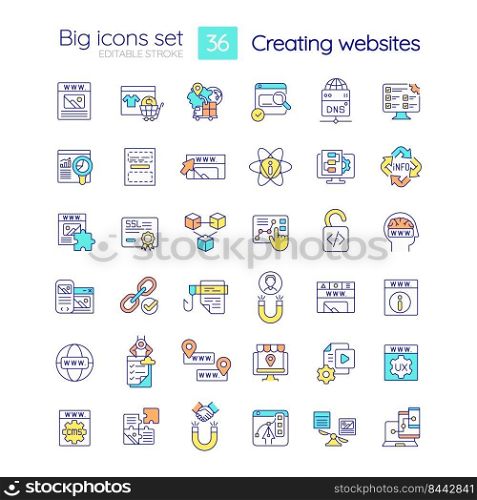 Creating website RGB color icons set. Attract visitors. Coding skill. Web designing. Isolated vector illustrations. Simple filled line drawings collection. Editable stroke. Quicksand-Light font used. Creating website RGB color icons set
