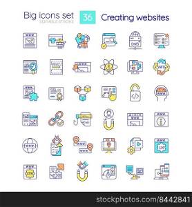 Creating website RGB color icons set. Attract visitors. Coding skill. Web designing. Isolated vector illustrations. Simple filled line drawings collection. Editable stroke. Quicksand-Light font used. Creating website RGB color icons set