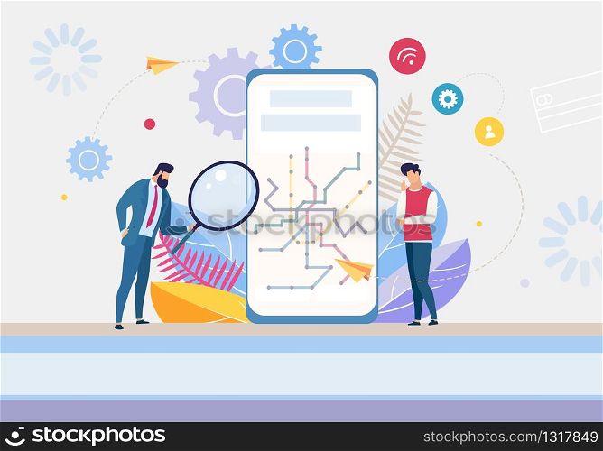 Creation New Mobile App Workflow Process. Cartoon Boss Chief Leader with Magnifying Glass Checking Finished Digital Product on Phone Screen. Executive Manager Wait for Conclusion. Vector Illustration. Creation New Mobile Application Workflow Process