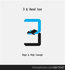 Creative 3- Number icon abstract and hands icon design vector template.Business offer,partnership,hope,support or help concept.Corporate business and industrial logotype symbol.Vector illustration