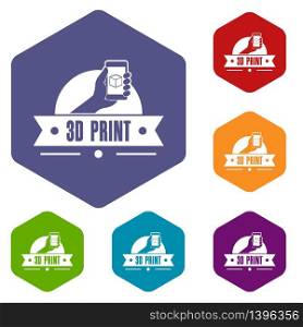 Creative 3d printing icons vector colorful hexahedron set collection isolated on white . Creative 3d printing icons vector hexahedron