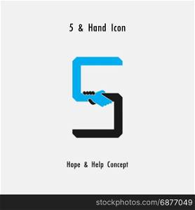 Creative 5- Number icon abstract and hands icon design vector template.Business offer,partnership,hope,support or help concept.Corporate business and industrial logotype symbol.Vector illustration