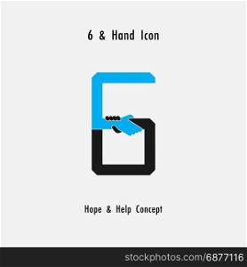 Creative 6- Number icon abstract and hands icon design vector template.Business offer,partnership,hope,support or help concept.Corporate business and industrial logotype symbol.Vector illustration