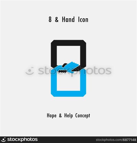 Creative 8- Number icon abstract and hands icon design vector template.Business offer,partnership,hope,support or help concept.Corporate business and industrial logotype symbol.Vector illustration