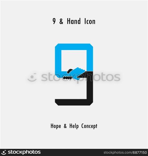 Creative 9- Number icon abstract and hands icon design vector template.Business offer,partnership,hope,support or help concept.Corporate business and industrial logotype symbol.Vector illustration