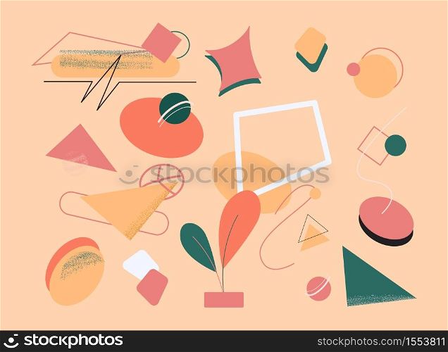 Creative abstract memphis design. Stylish colored triangles and circles on orange background modern geometric shape graphic vase with leaves colorful vector art lines.. Creative abstract memphis design. Stylish colored triangles and circles on orange background.
