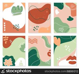 Creative abstract templates. Colorful strokes and lines, abstract painting shapes. Minimalistic elegant design artworks. Organic natural motif with plant leaves cartoon vector illustration set. Creative abstract templates. Colorful strokes and lines, abstract painting shapes. Minimalistic elegant design artworks