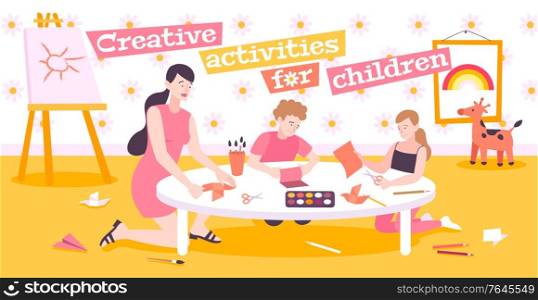 Creative activities for children flat background with mom teaching children to make origami from paper vector illustration