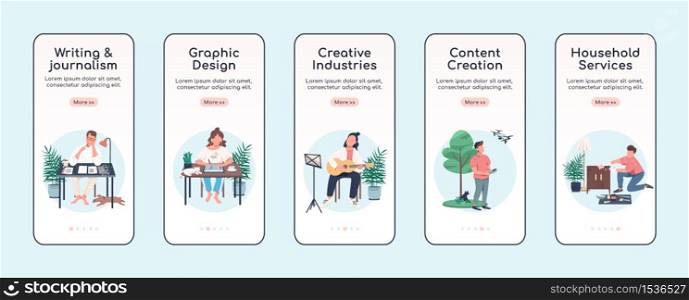 Creative activities onboarding mobile app screen flat vector template. Craft and pastime. Walkthrough website steps with isolated characters on white. UX, UI, GUI smartphone cartoon interface. Creative activities onboarding mobile app screen flat vector template