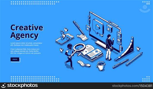 Creative agency banner. Digital design service, creative strategy for promotion and advertising company in social media. Vector landing page with isometric working people, computer and smartphone. Vector landing page for creative agency