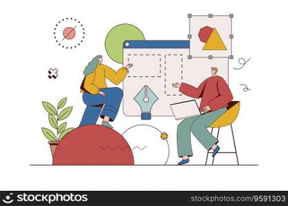 Creative agency concept with character situation in flat design. Woman and man working as digital artists and developing visual content of art project. Vector illustration with people scene for web