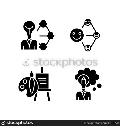 Creative and professional talents black glyph icons set on white space. Networking talent. Leadership and influence aptitude. Artistic talent. Silhouette symbols. Vector isolated illustration. Creative and professional talents black glyph icons set on white space
