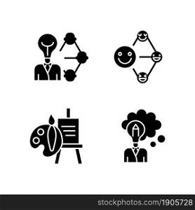 Creative and professional talents black glyph icons set on white space. Networking talent. Leadership and influence aptitude. Artistic talent. Silhouette symbols. Vector isolated illustration. Creative and professional talents black glyph icons set on white space