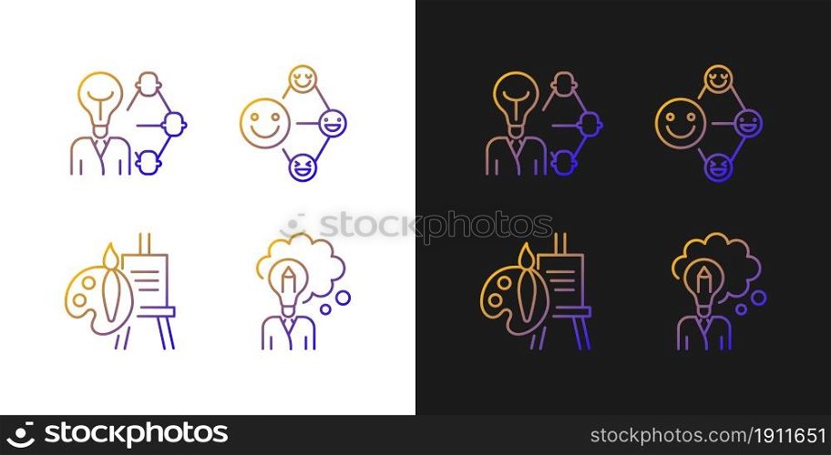 Creative and professional talents gradient icons set for dark and light mode. Artistic talent. Thin line contour symbols bundle. Isolated vector outline illustrations collection on black and white. Creative and professional talents gradient icons set for dark and light mode