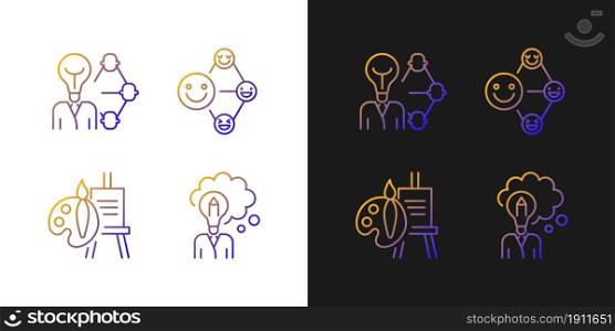 Creative and professional talents gradient icons set for dark and light mode. Artistic talent. Thin line contour symbols bundle. Isolated vector outline illustrations collection on black and white. Creative and professional talents gradient icons set for dark and light mode