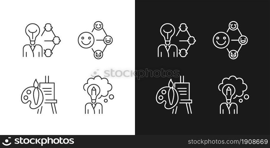 Creative and professional talents linear icons set for dark and light mode. Thin line contour symbols bundle. Customizable thin line symbols. Isolated vector outline illustrations. Editable stroke. Creative and professional talents linear icons set for dark and light mode
