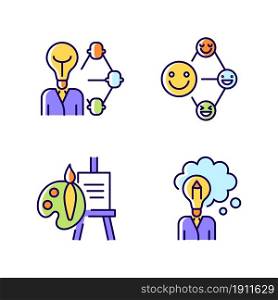 Creative and professional talents RGB color icons set. Networking talent. Leadership and influence aptitude. Artistic talent. Isolated vector illustrations. Simple filled line drawings collection. Creative and professional talents RGB color icons set