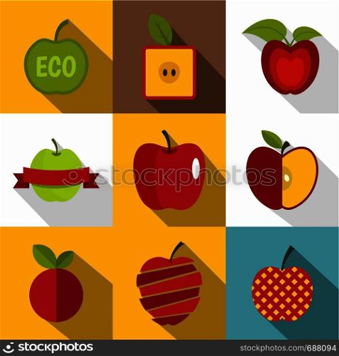 Creative apple icons set. Flat set of 9 creative apple vector icons for web with long shadow. Creative apple icons set, flat style