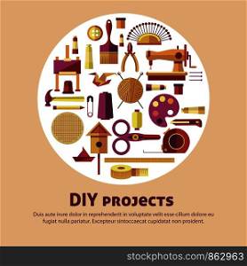Creative art and DIY project poster for handicraft workshop or classes. Vector flat design for kid handmade hobby art craft studio for painting, knitting or sewing and woodwork construction. Creative art of DIY projects vector poster for kid handicraft or handmade craft workshop classes