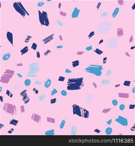 Creative backdrop with paint traces or smears seamless pattern with pink, teal, blue brush strokes on pink background. Design for wrapping paper, wallpaper, fabric print, backdrop. Vector illustration. Creative backdrop with paint traces or smears seamless pattern with pink, teal, blue brush strokes on pink background.